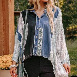 POL Boho Patchwork Mixed Media Denim Flowy Oversized Button Down Blouse